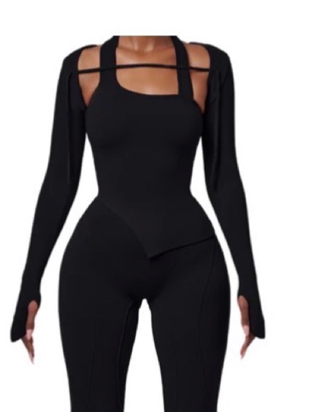 Black Long-Sleeve Cutout Bodysuit with Strap Detail